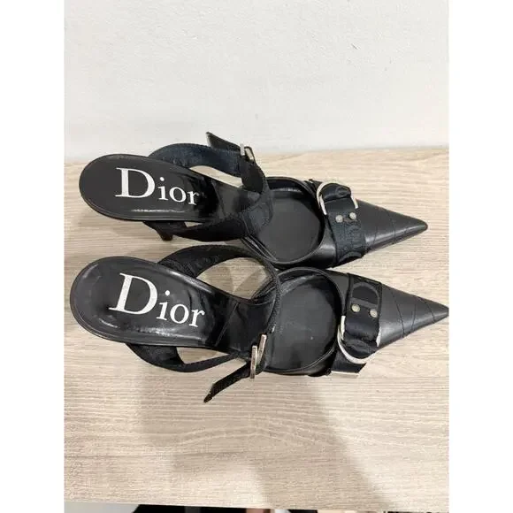 Vintage Christian Dior Leather Pointed-Toe Mules with Buckle Straps Black EU 38 - Picture 6 of 7